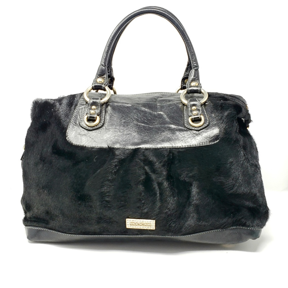Pulicati Black Leather Fur Satchel Handbag Purse